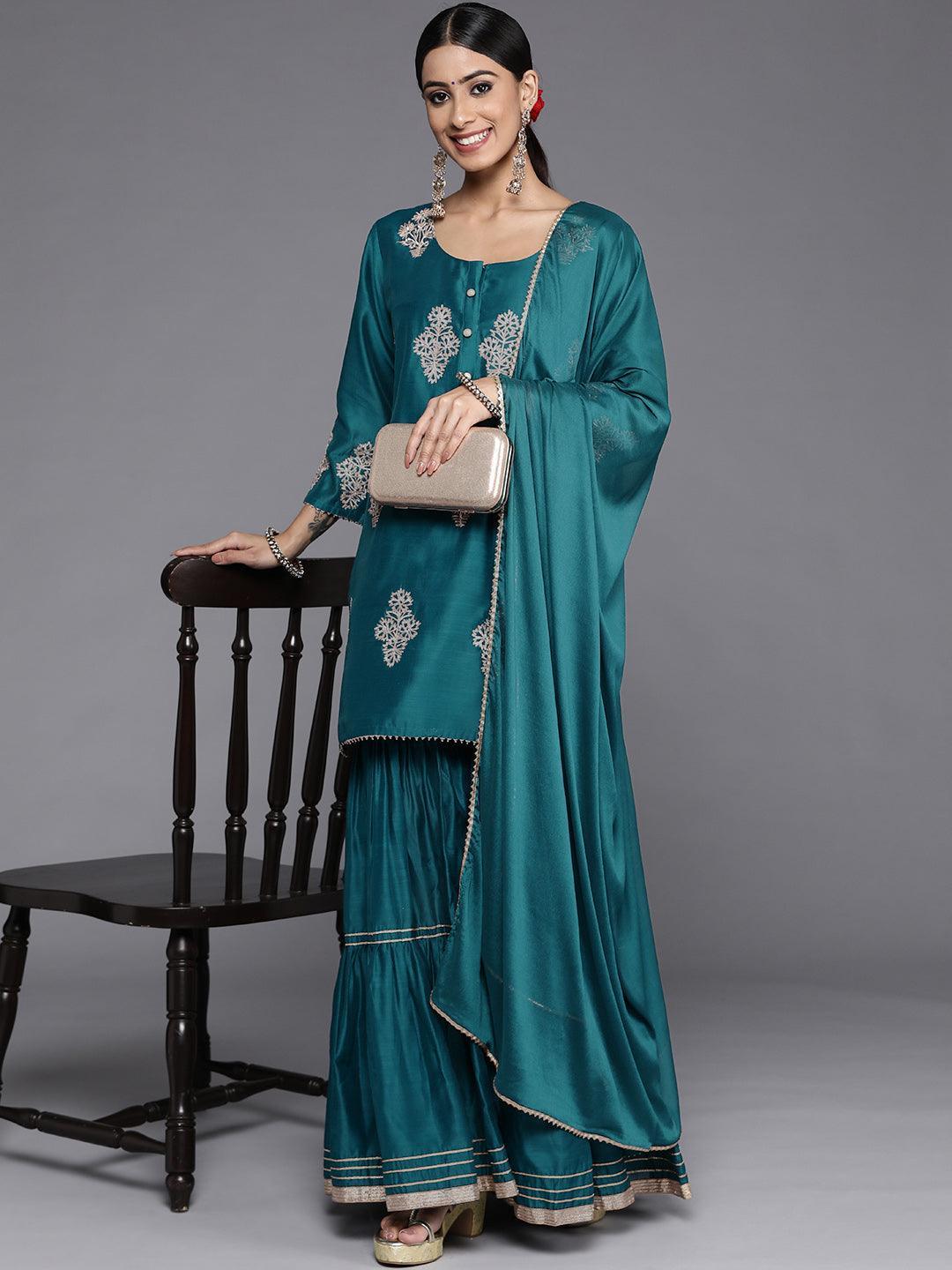 Teal Embroidered Chanderi Silk Straight Suit Set