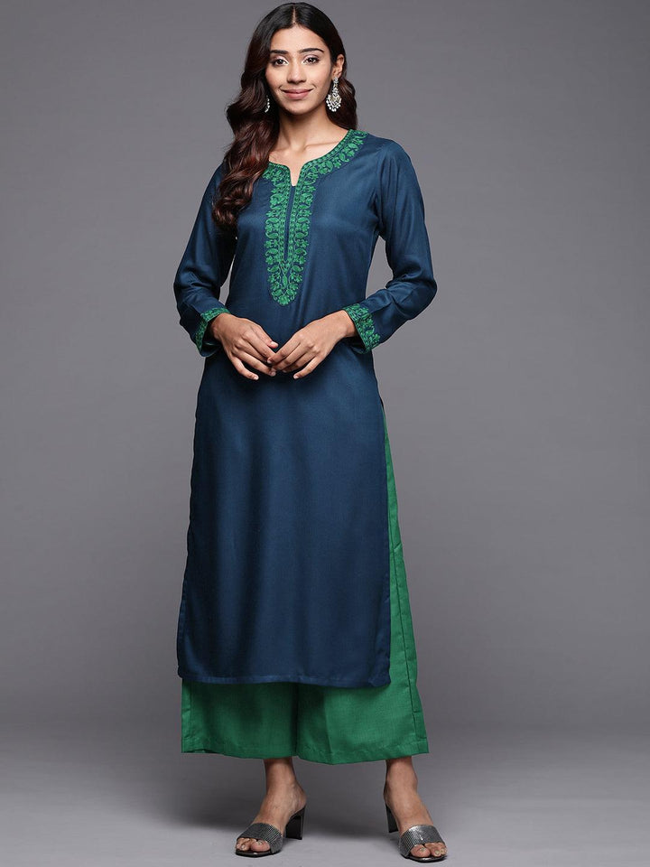 Teal Embroidered Pashmina Wool Straight Kurta - Libas