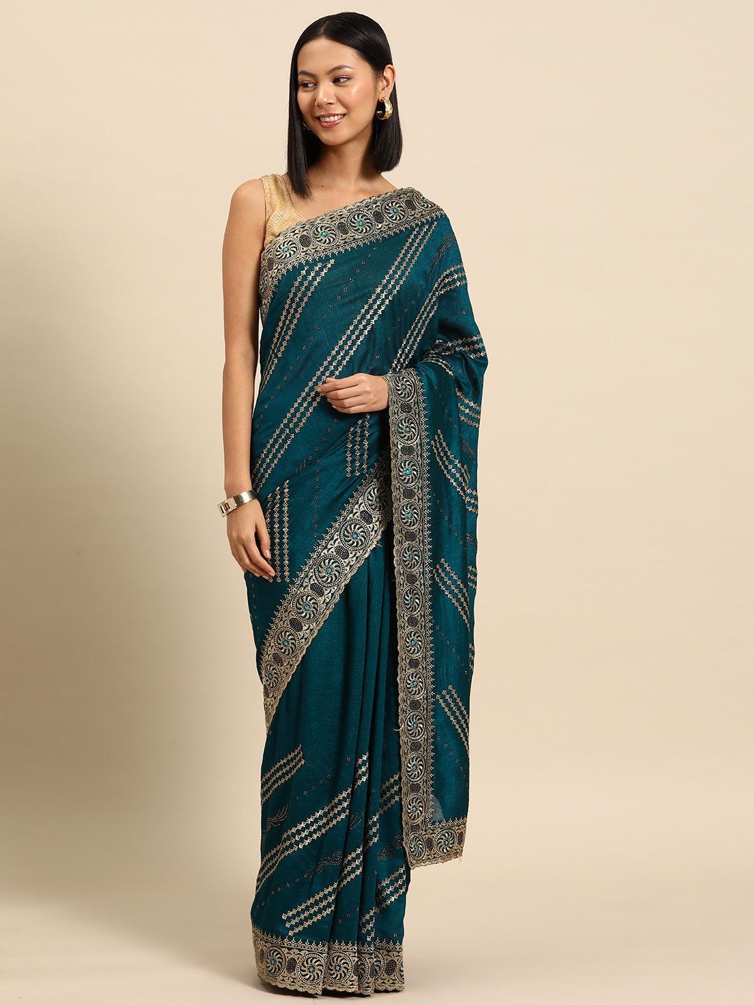 Teal Embroidered Silk Blend Saree