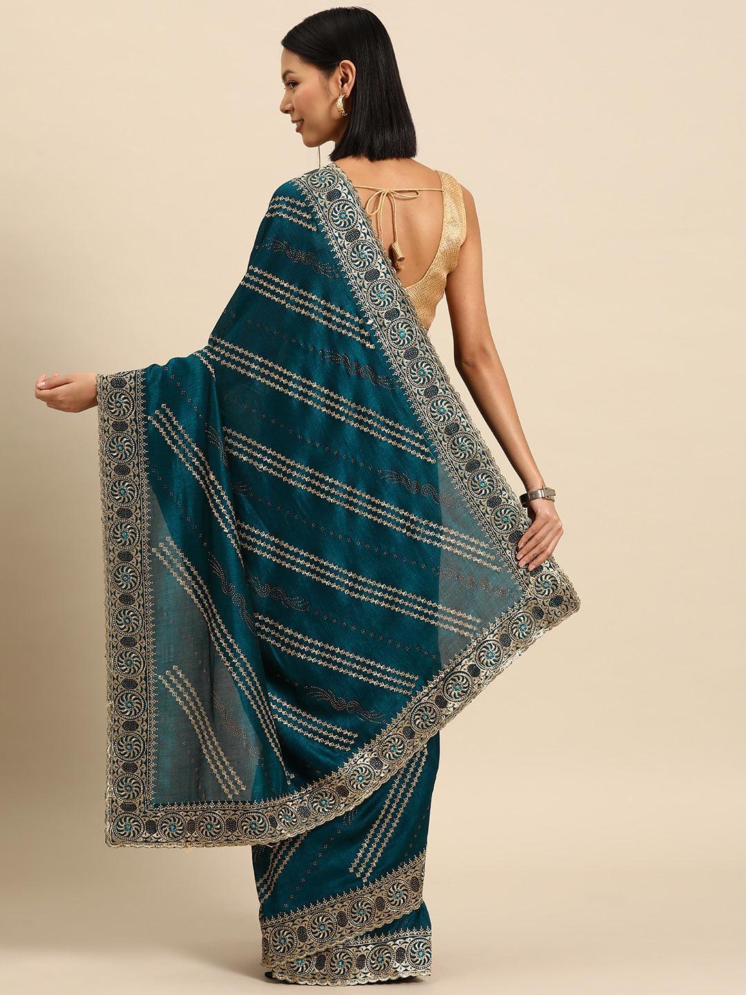 Teal Embroidered Silk Blend Saree