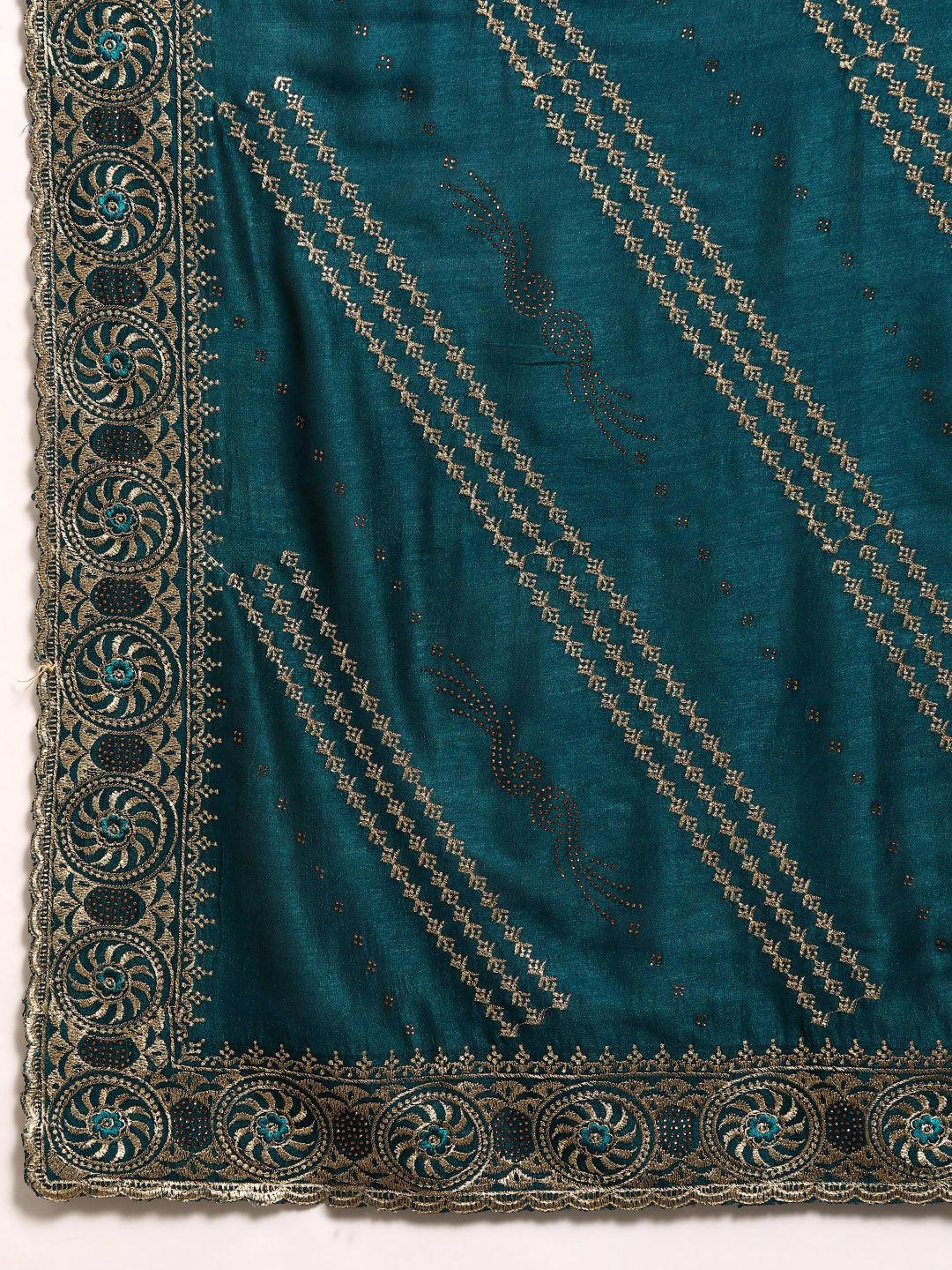 Teal Embroidered Silk Blend Saree