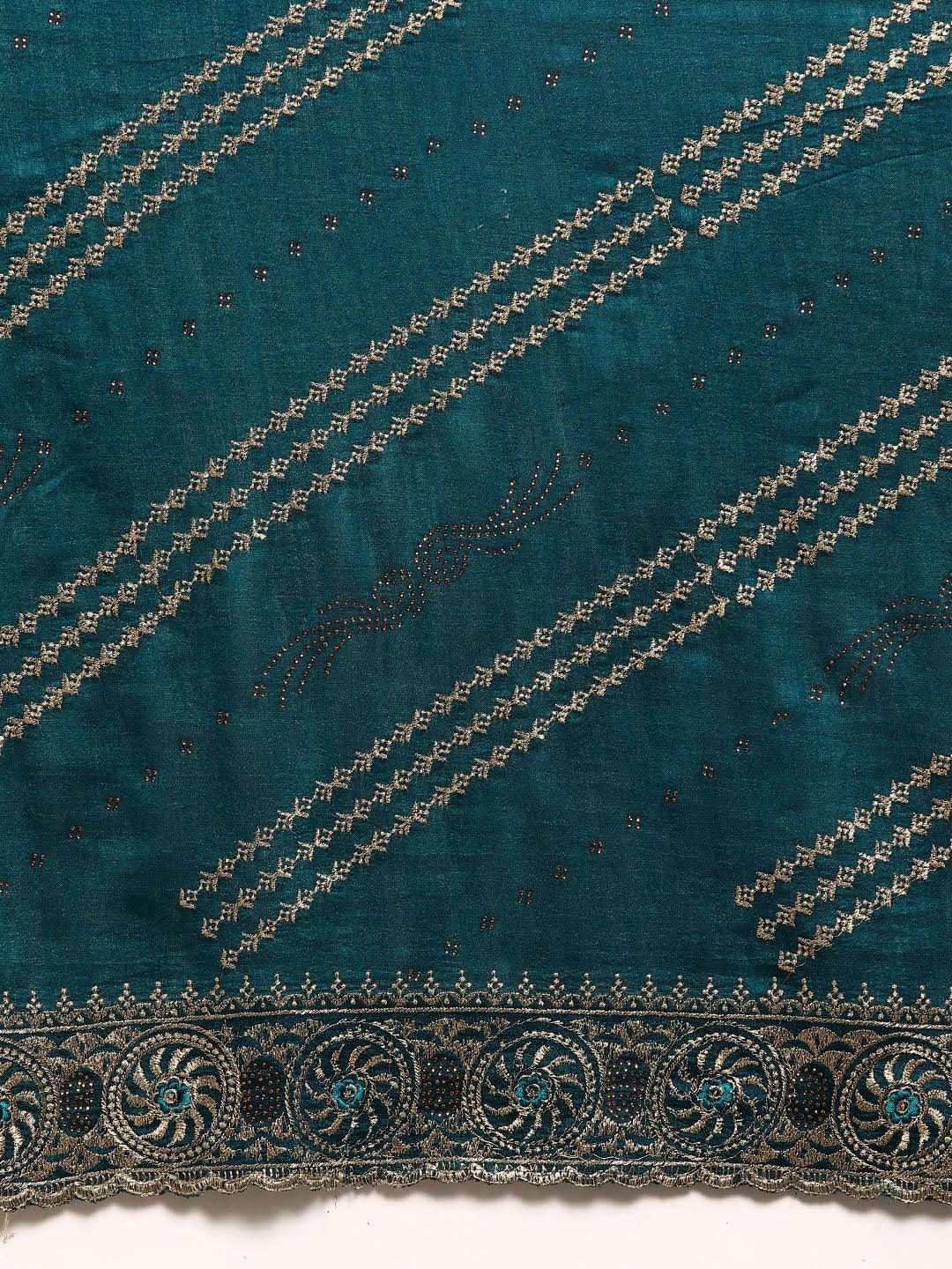 Teal Embroidered Silk Blend Saree