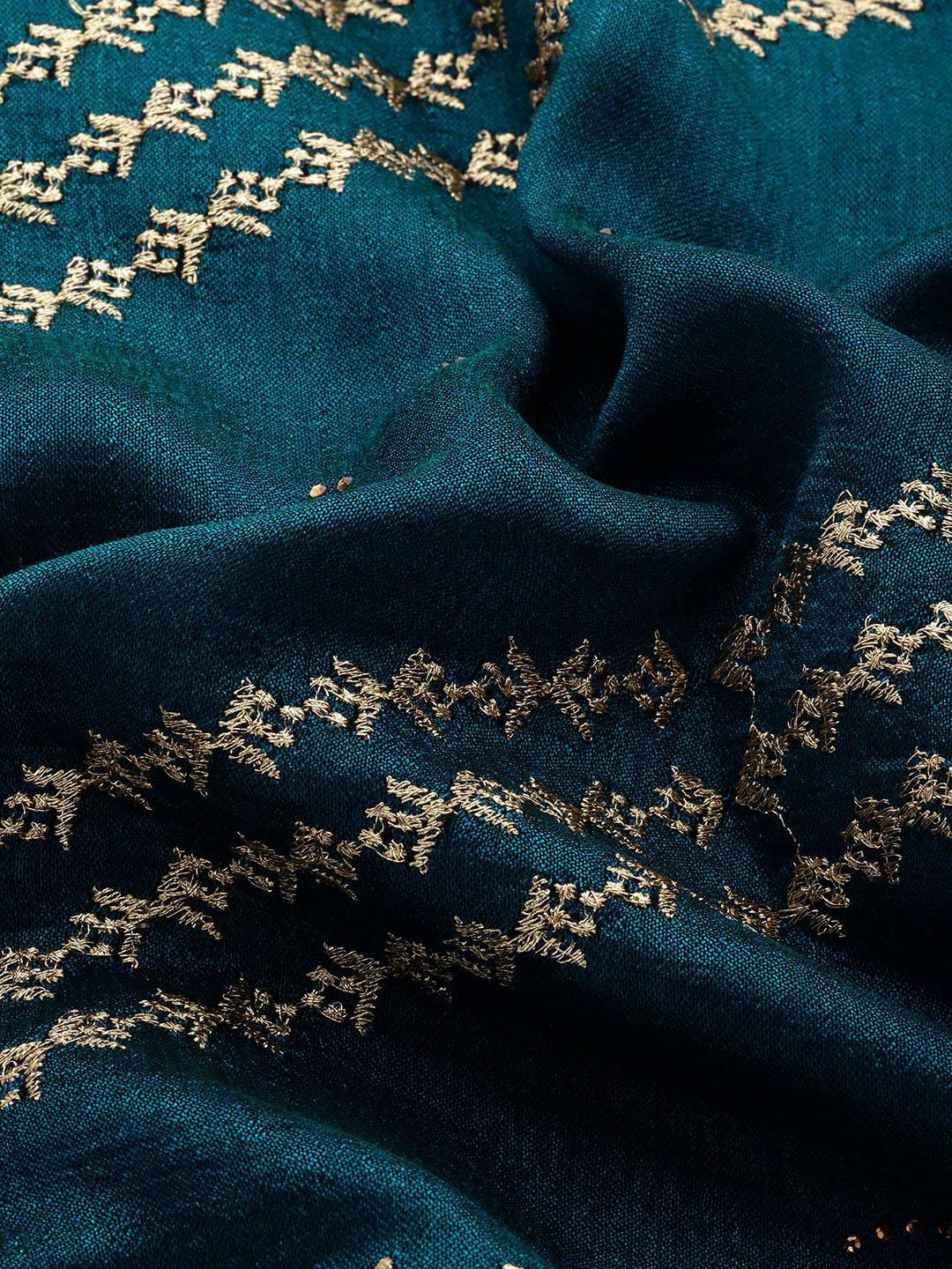 Teal Embroidered Silk Blend Saree