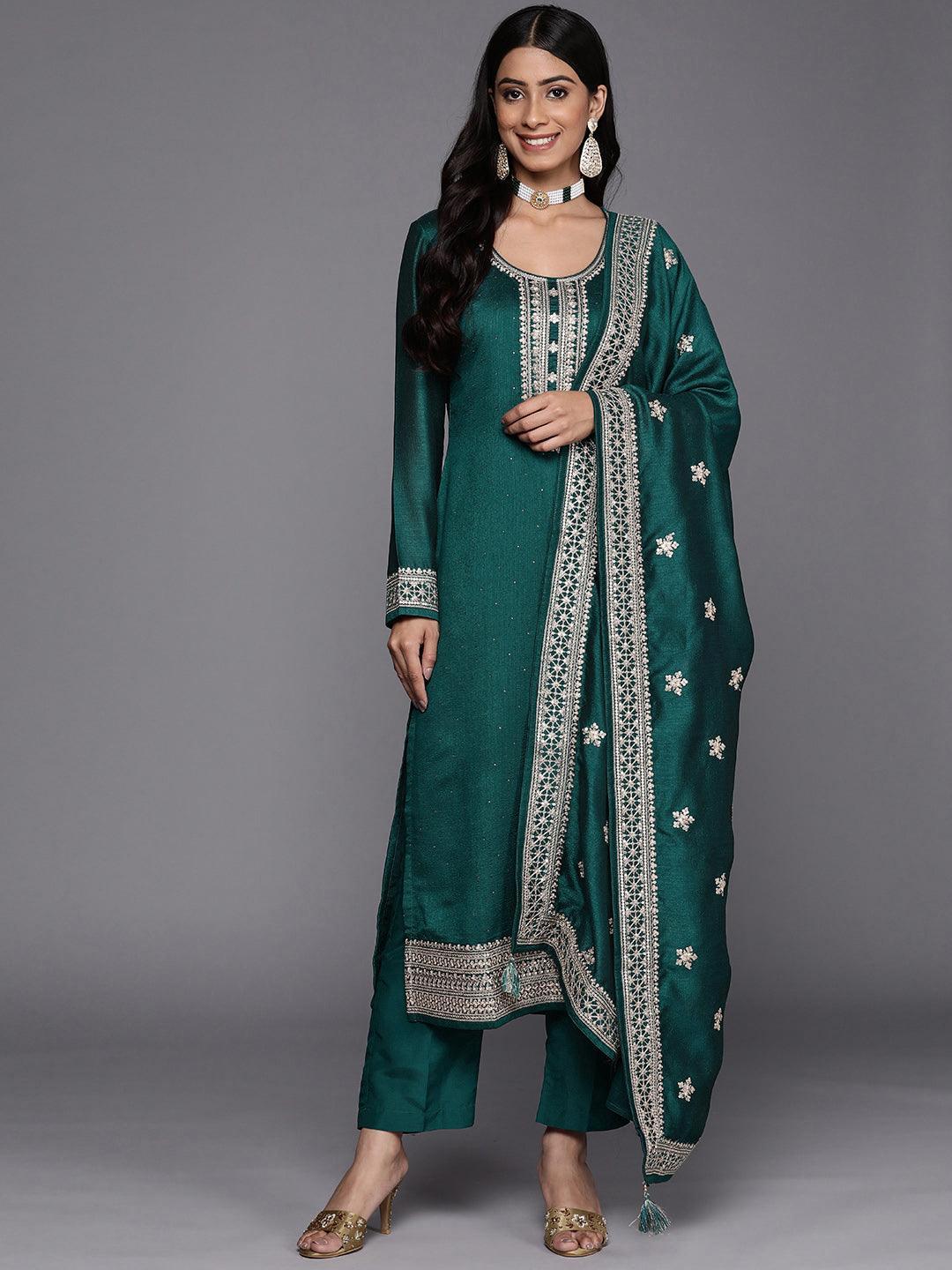 Teal Embroidered Silk Blend Straight Suit Set