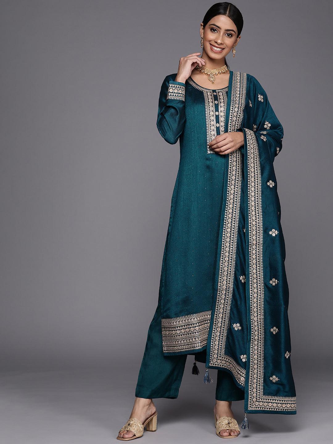 Teal Embroidered Silk Blend Straight Suit Set