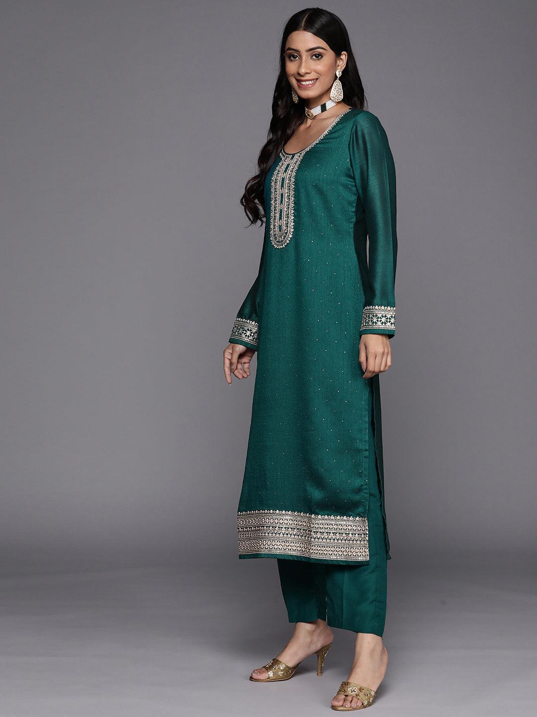 Teal Embroidered Silk Blend Straight Suit Set