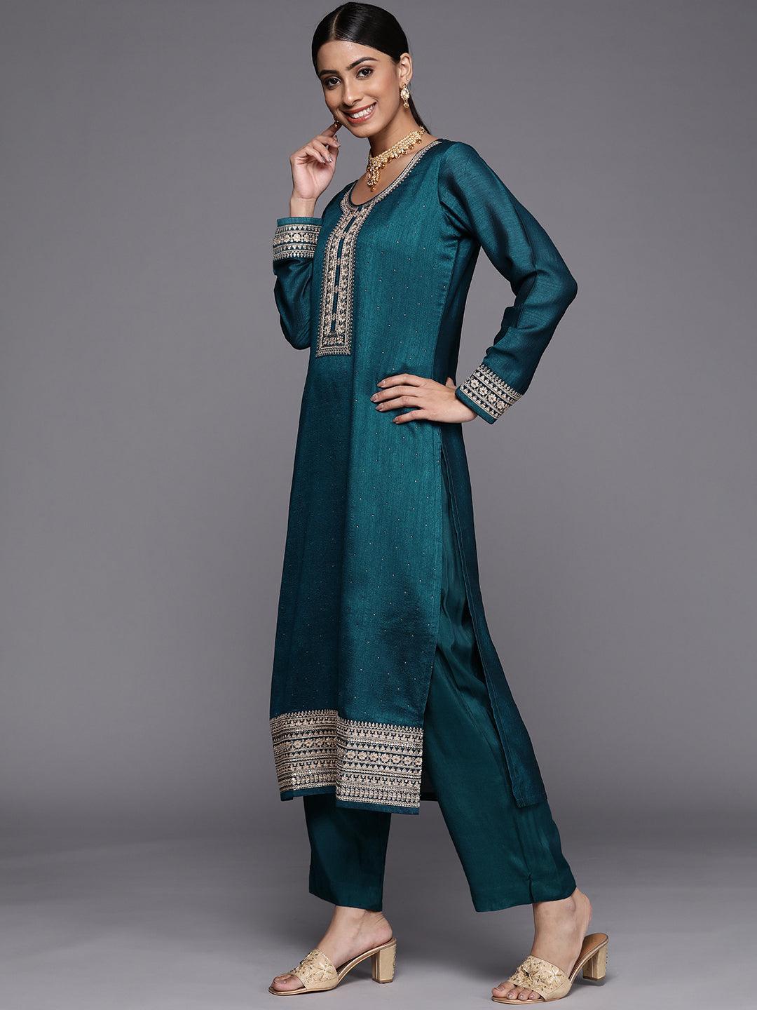 Teal Embroidered Silk Blend Straight Suit Set