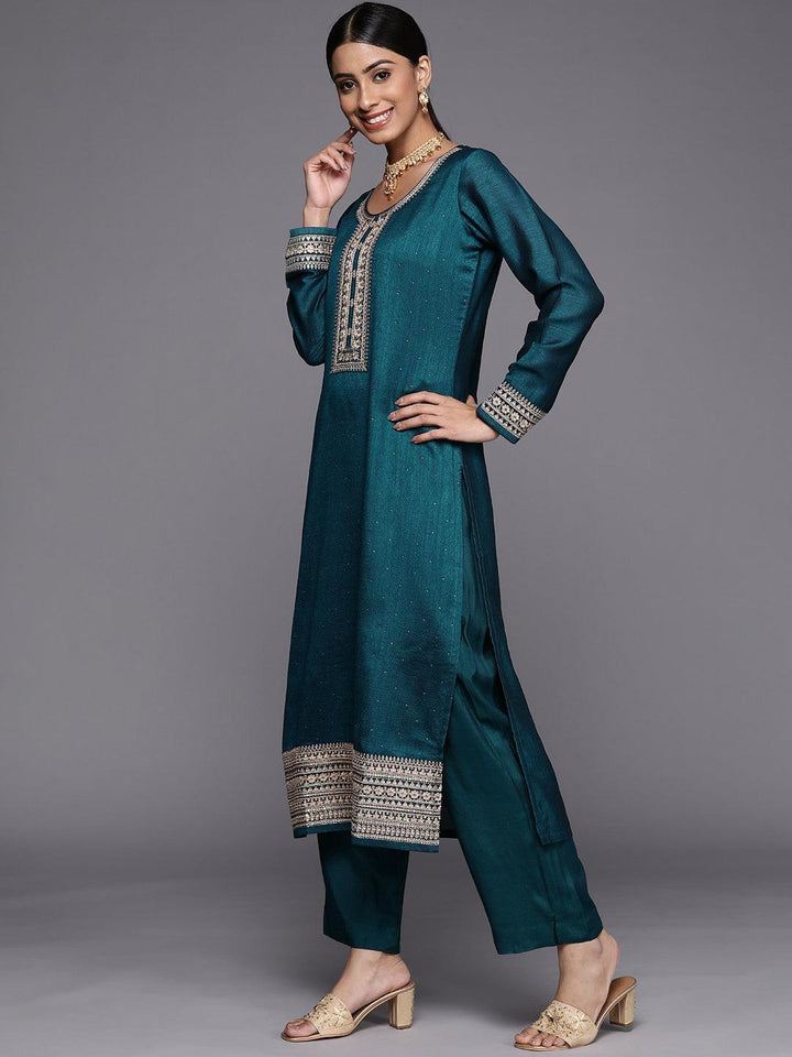 Teal Embroidered Silk Blend Straight Suit Set - ShopLibas