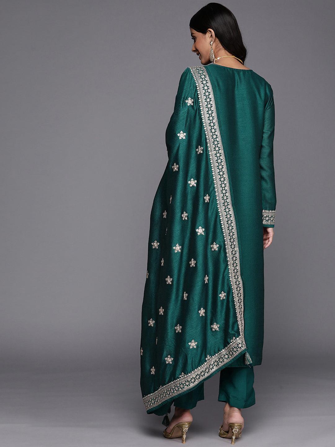 Teal Embroidered Silk Blend Straight Suit Set