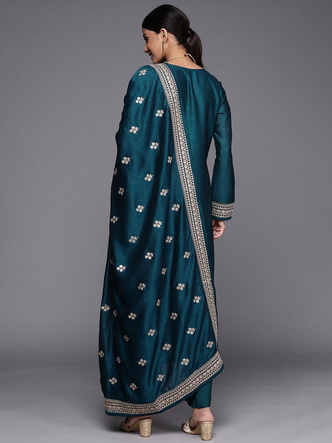 Teal Embroidered Silk Blend Straight Suit Set