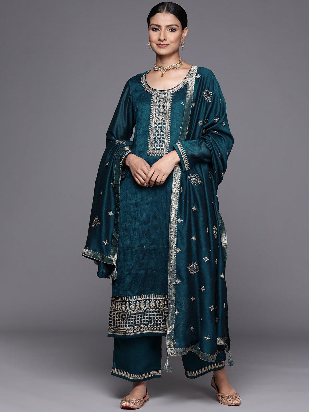 Teal Embroidered Silk Blend Straight Suit Set