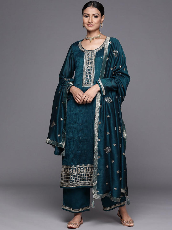 Teal Embroidered Silk Blend Straight Suit Set - ShopLibas