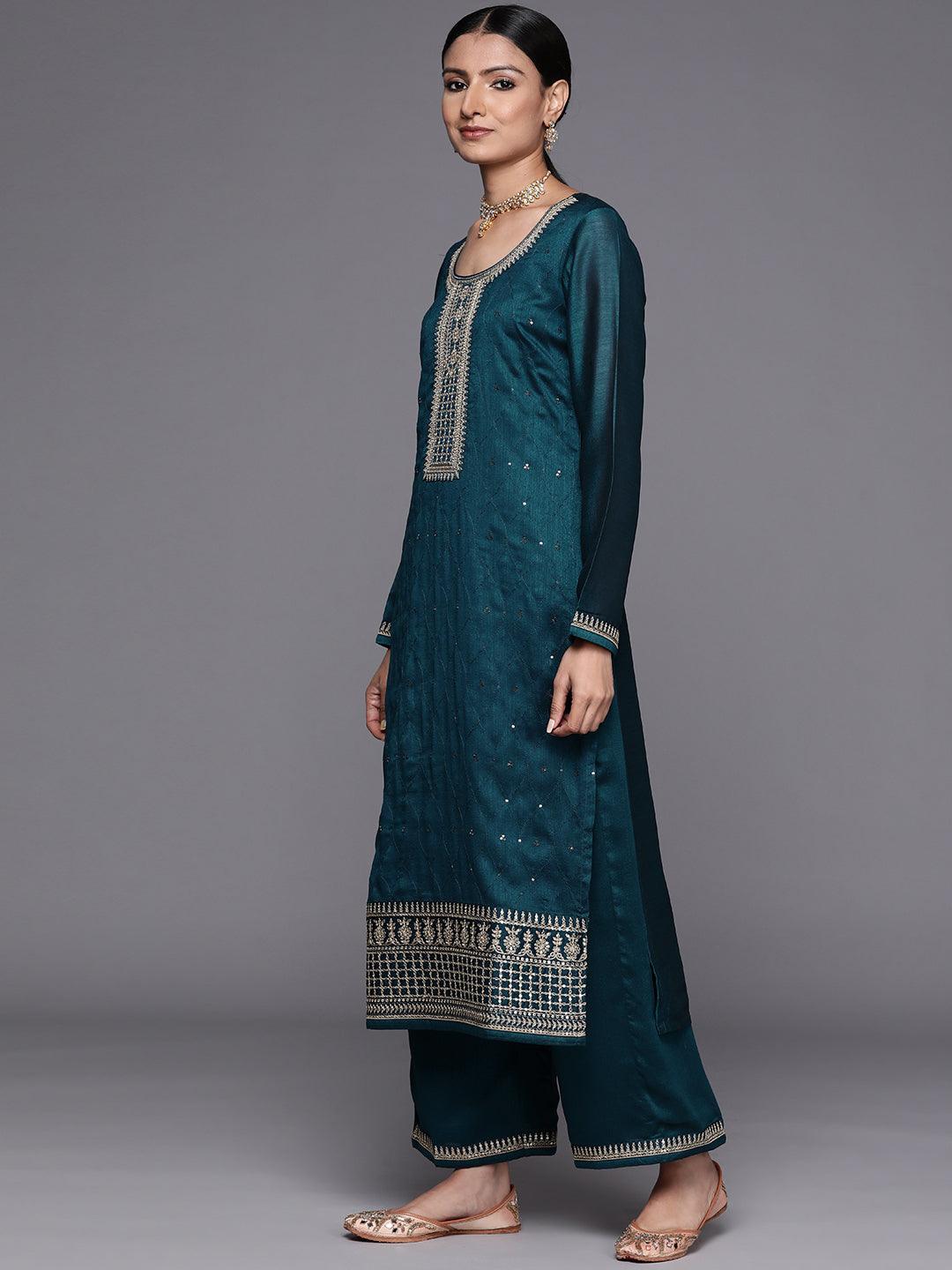 Teal Embroidered Silk Blend Straight Suit Set