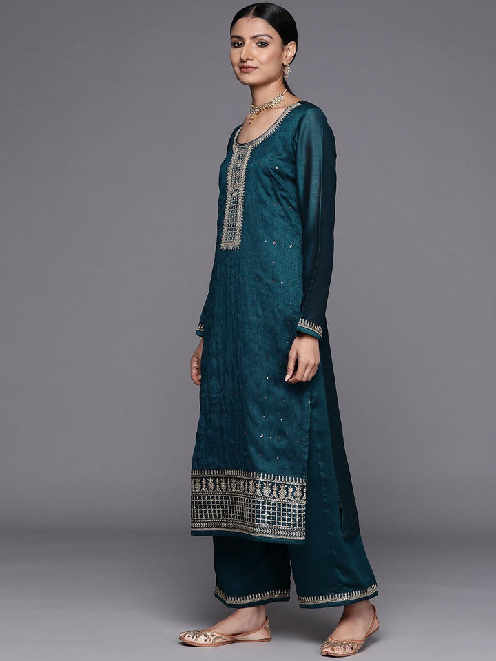 Teal Embroidered Silk Blend Straight Suit Set - ShopLibas