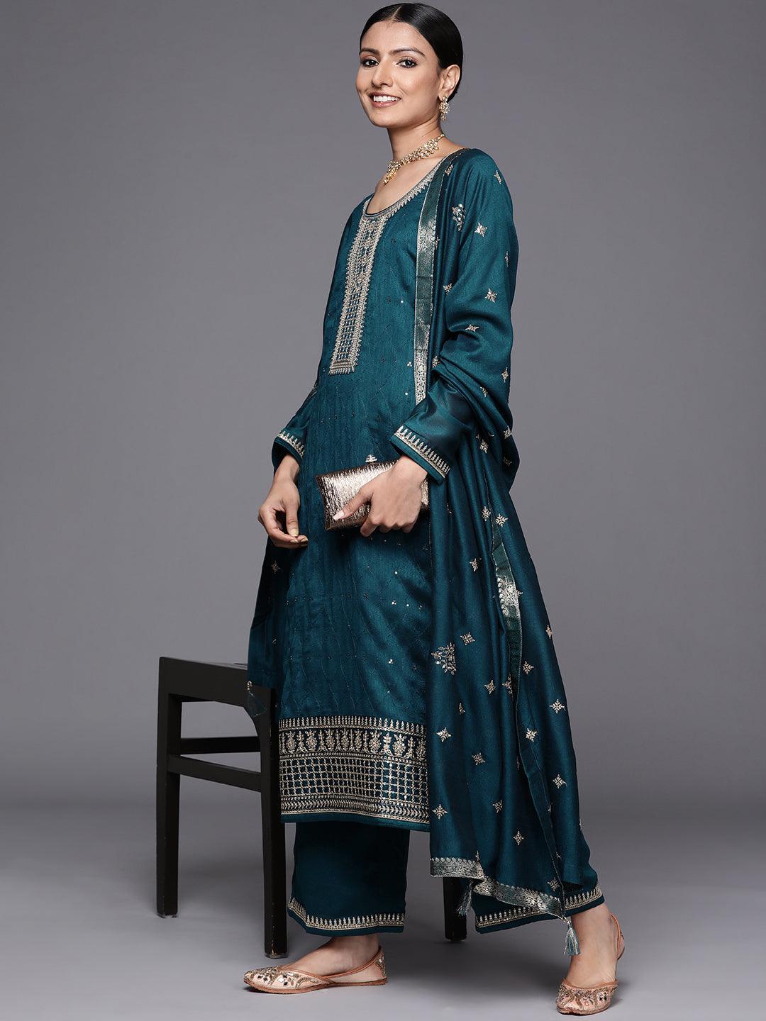 Teal Embroidered Silk Blend Straight Suit Set - ShopLibas