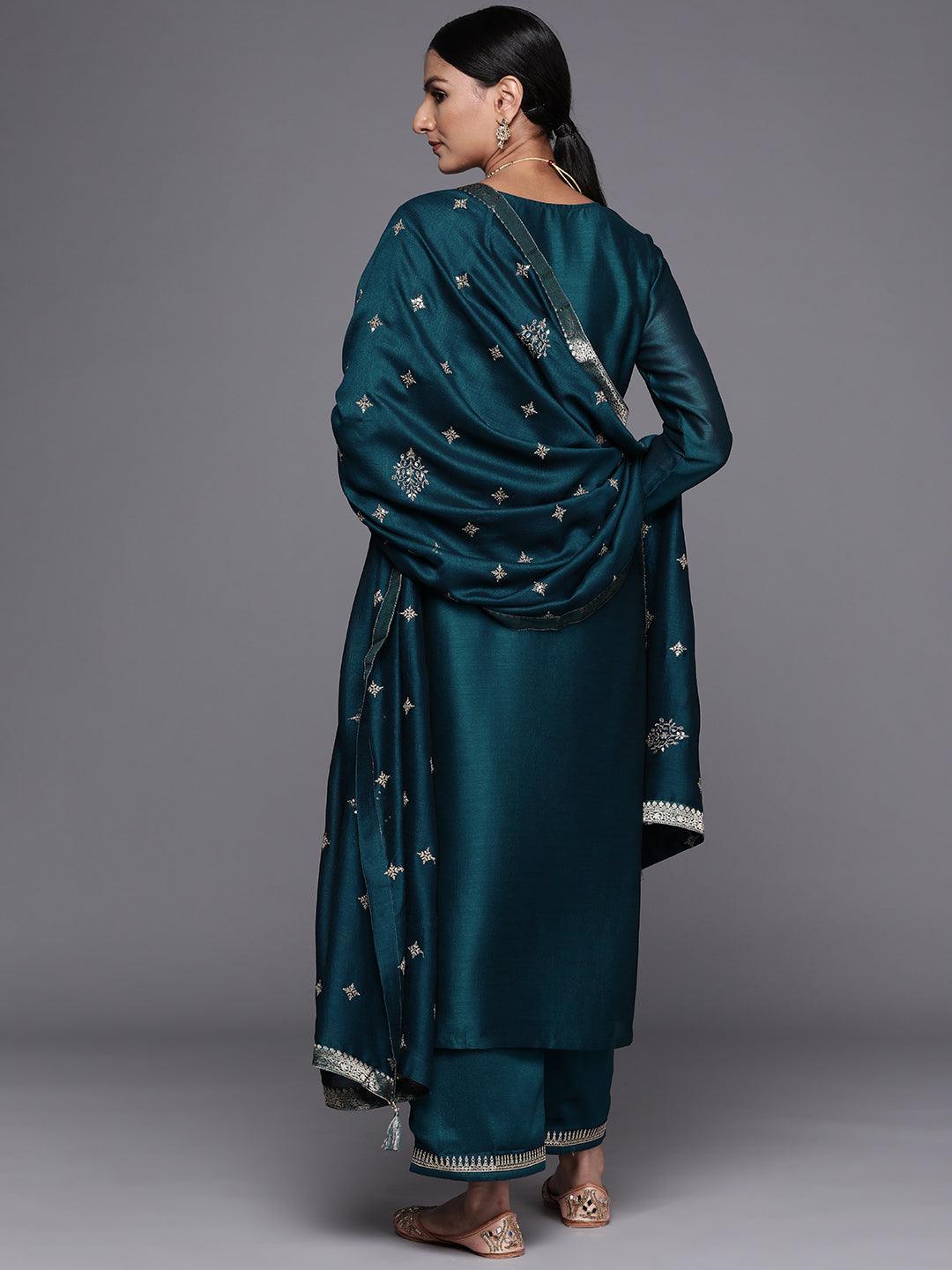 Teal Embroidered Silk Blend Straight Suit Set