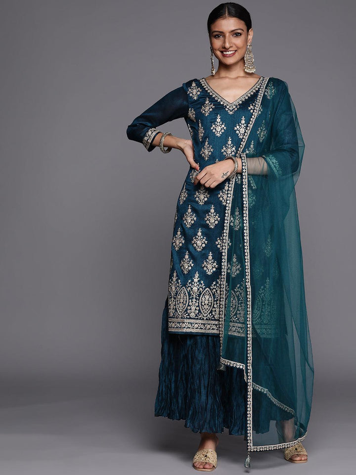 Teal Embroidered Silk Blend Straight Suit Set - ShopLibas