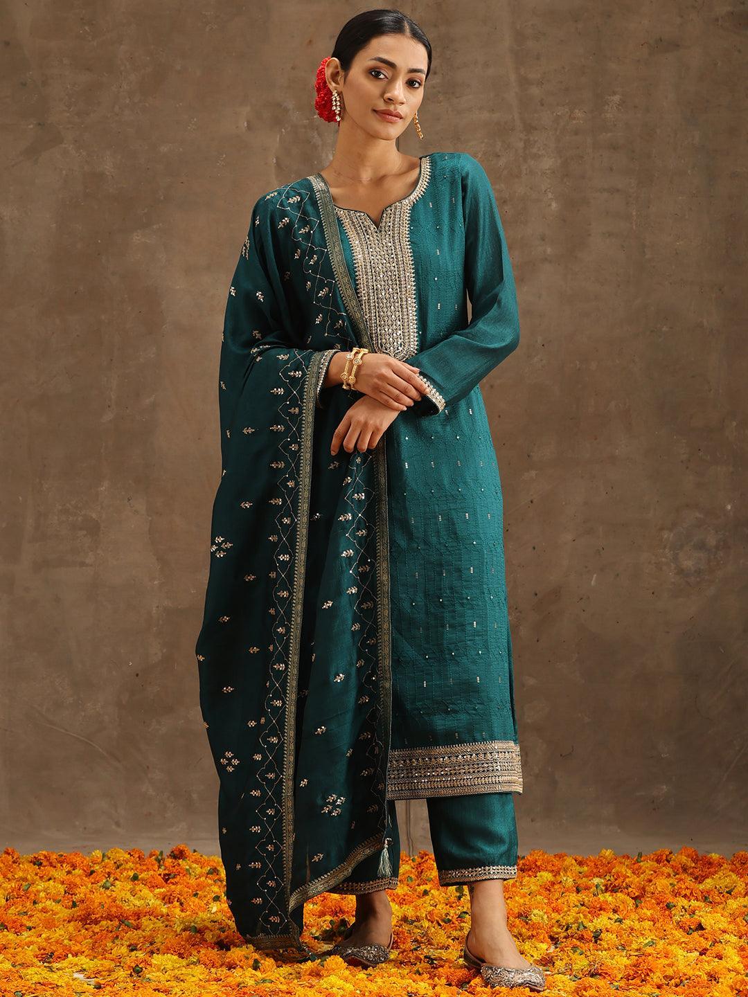 Teal Embroidered Silk Blend Suit Set With Trousers - ShopLibas