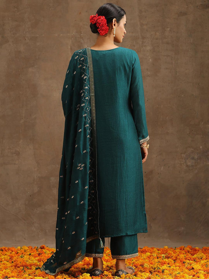 Teal Embroidered Silk Blend Suit Set With Trousers - ShopLibas