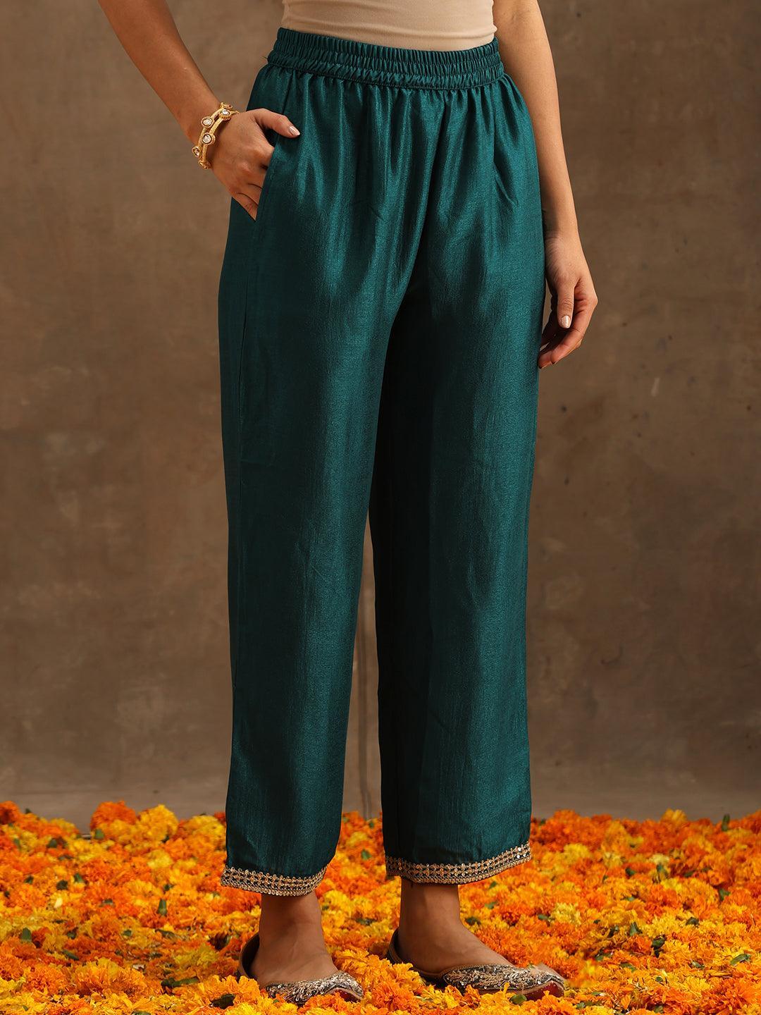 Teal Embroidered Silk Blend Suit Set With Trousers - ShopLibas