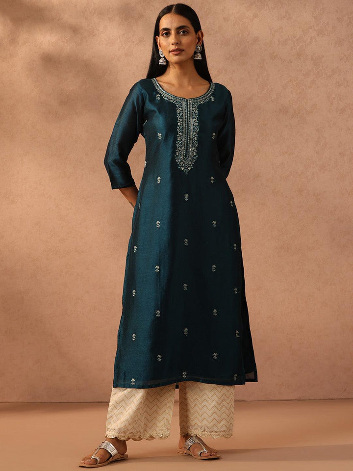 Teal Embellished Silk Straight Kurta - ShopLibas