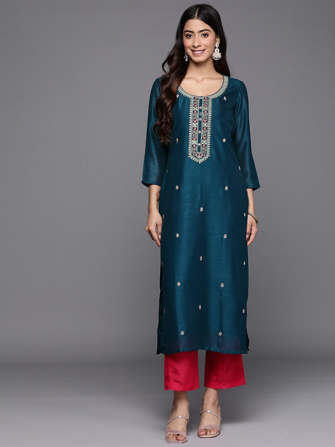 Teal Embellished Silk Straight Kurta - ShopLibas