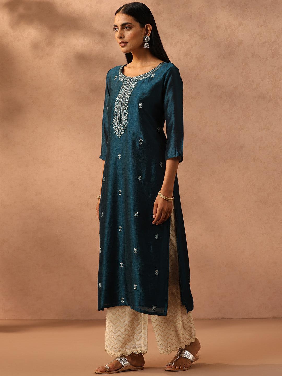 Teal Embellished Silk Straight Kurta - ShopLibas