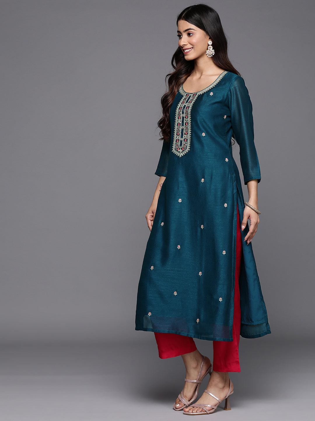 Teal Embellished Silk Straight Kurta - ShopLibas