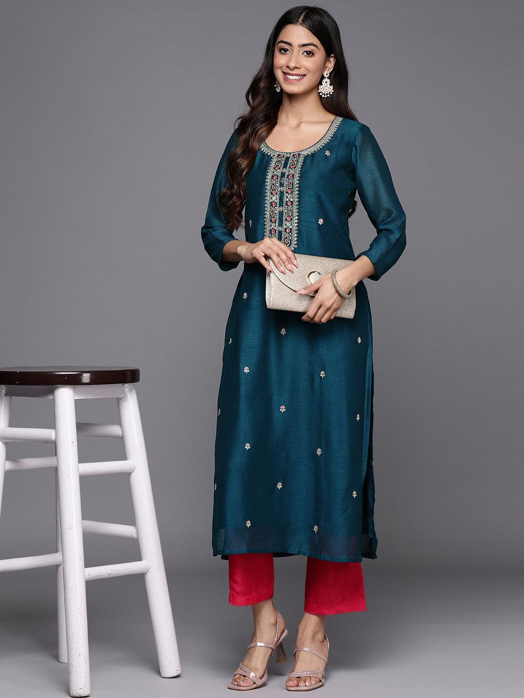 Teal Embellished Silk Straight Kurta - ShopLibas