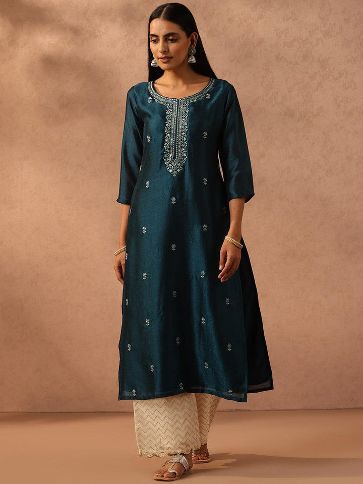 Teal Embellished Silk Straight Kurta - ShopLibas