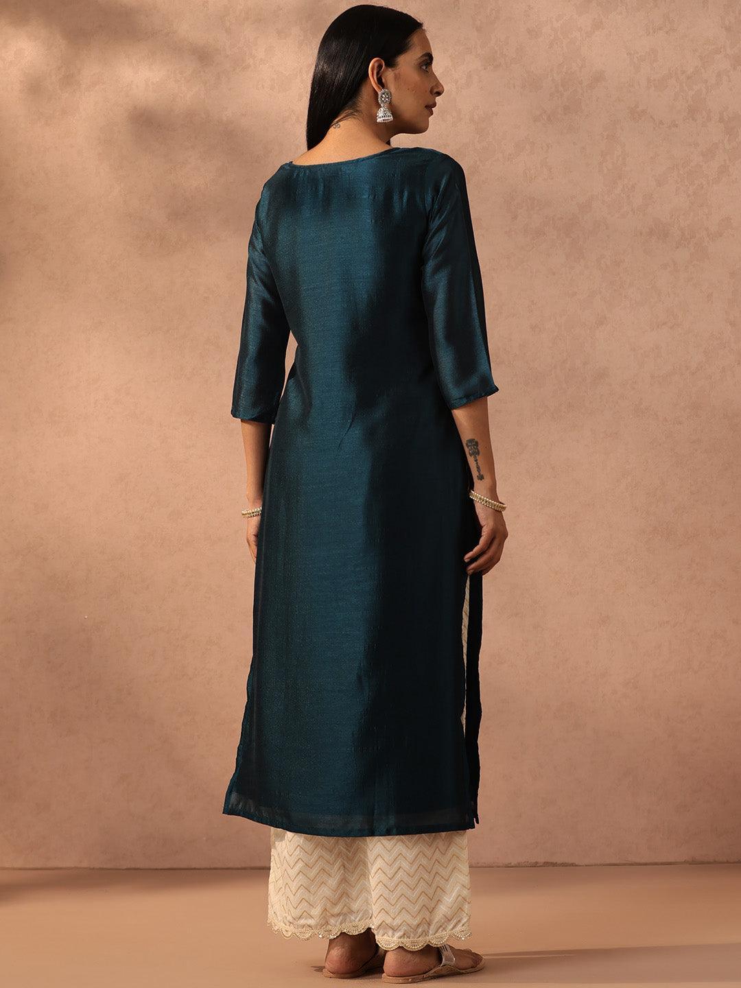 Teal Embellished Silk Straight Kurta - ShopLibas