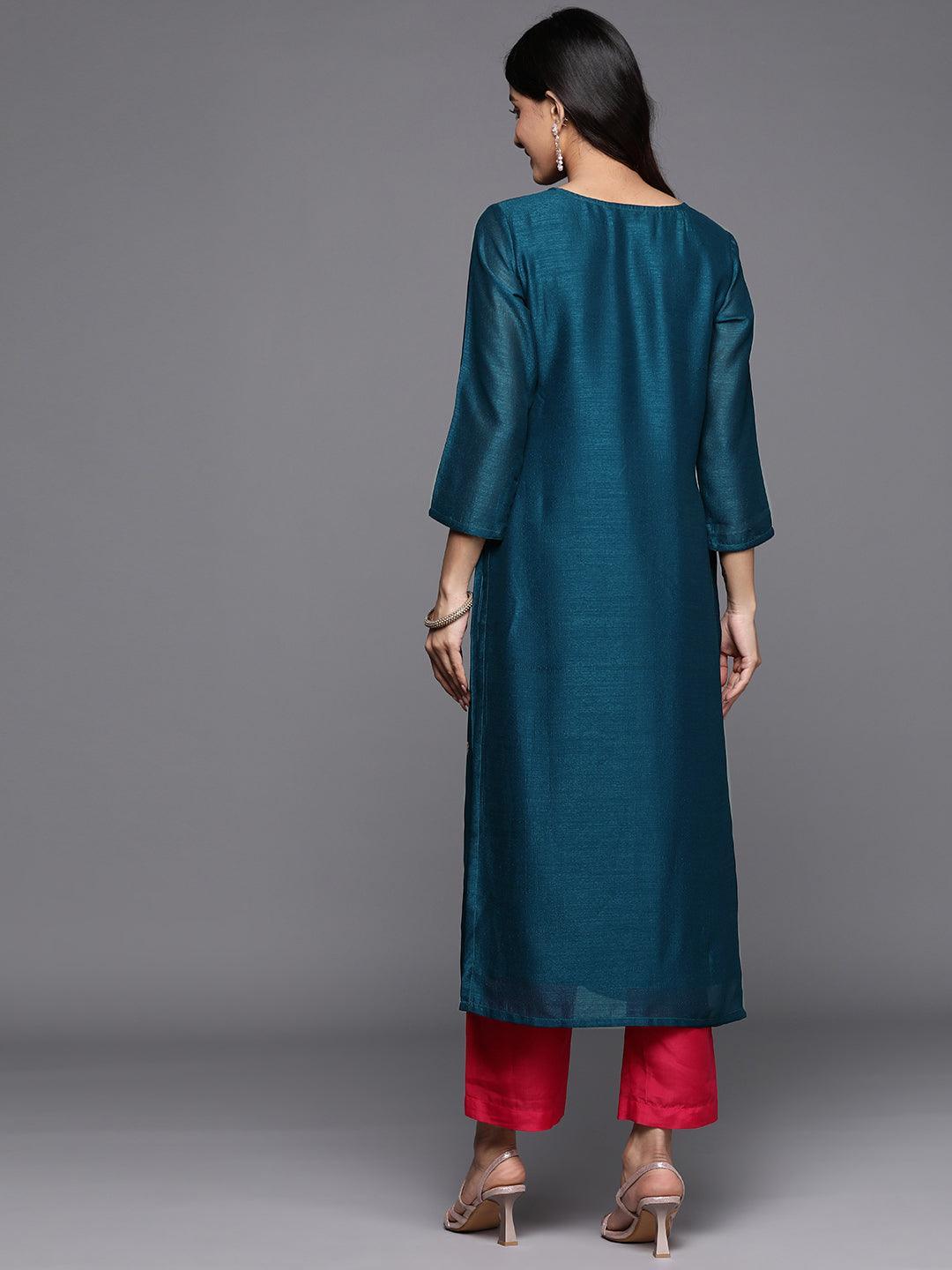 Teal Embellished Silk Straight Kurta - ShopLibas