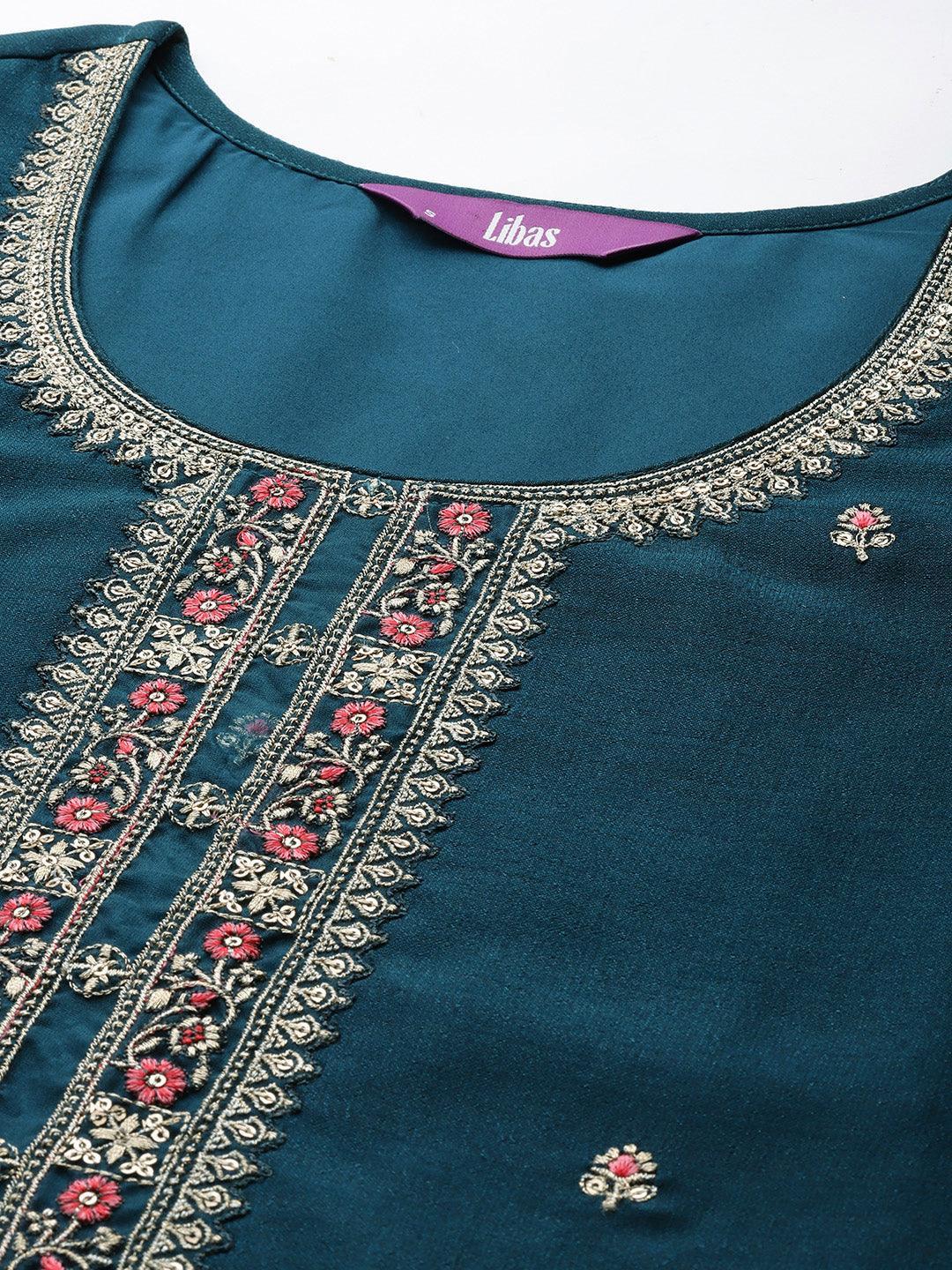 Teal Embellished Silk Straight Kurta - ShopLibas