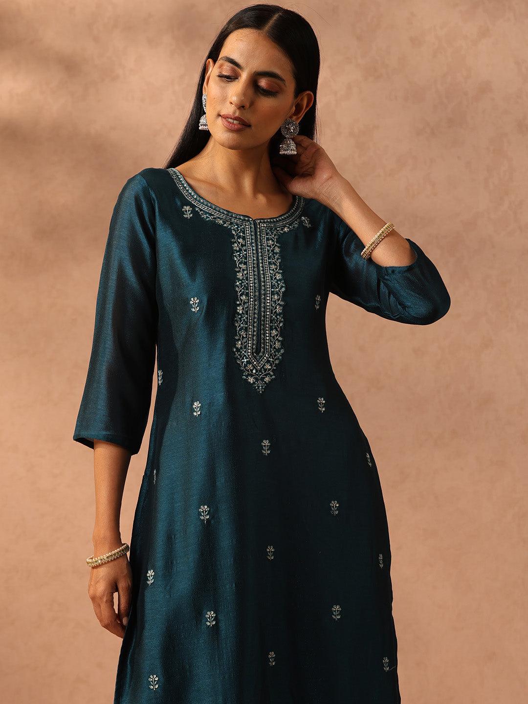 Teal Embellished Silk Straight Kurta - ShopLibas