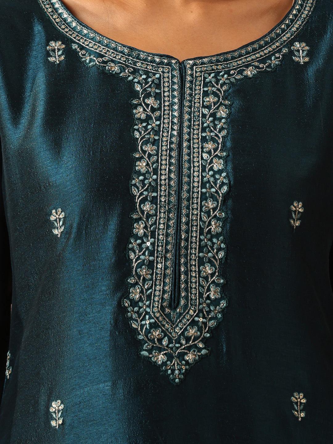 Teal Embellished Silk Straight Kurta - ShopLibas