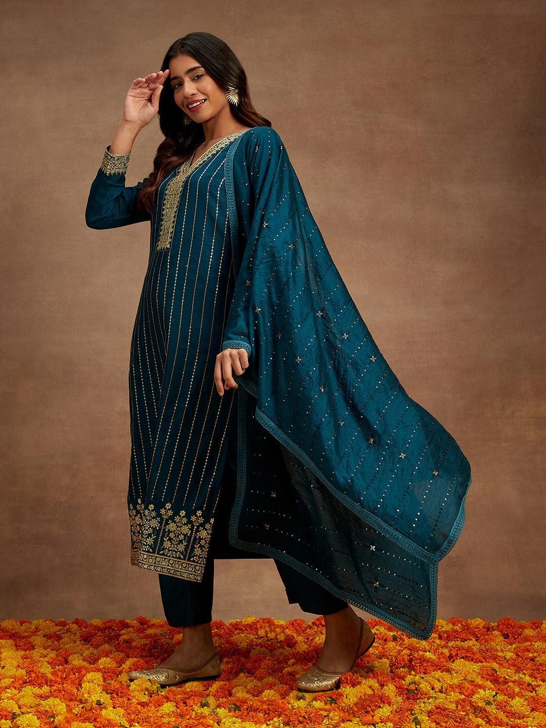 Teal Embroidered Silk Straight Kurta With Trousers & Dupatta - ShopLibas