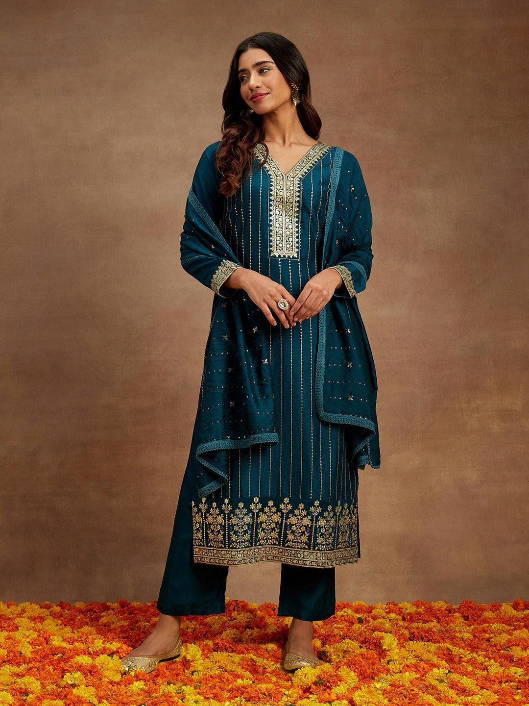 Teal Embroidered Silk Straight Kurta With Trousers & Dupatta - ShopLibas