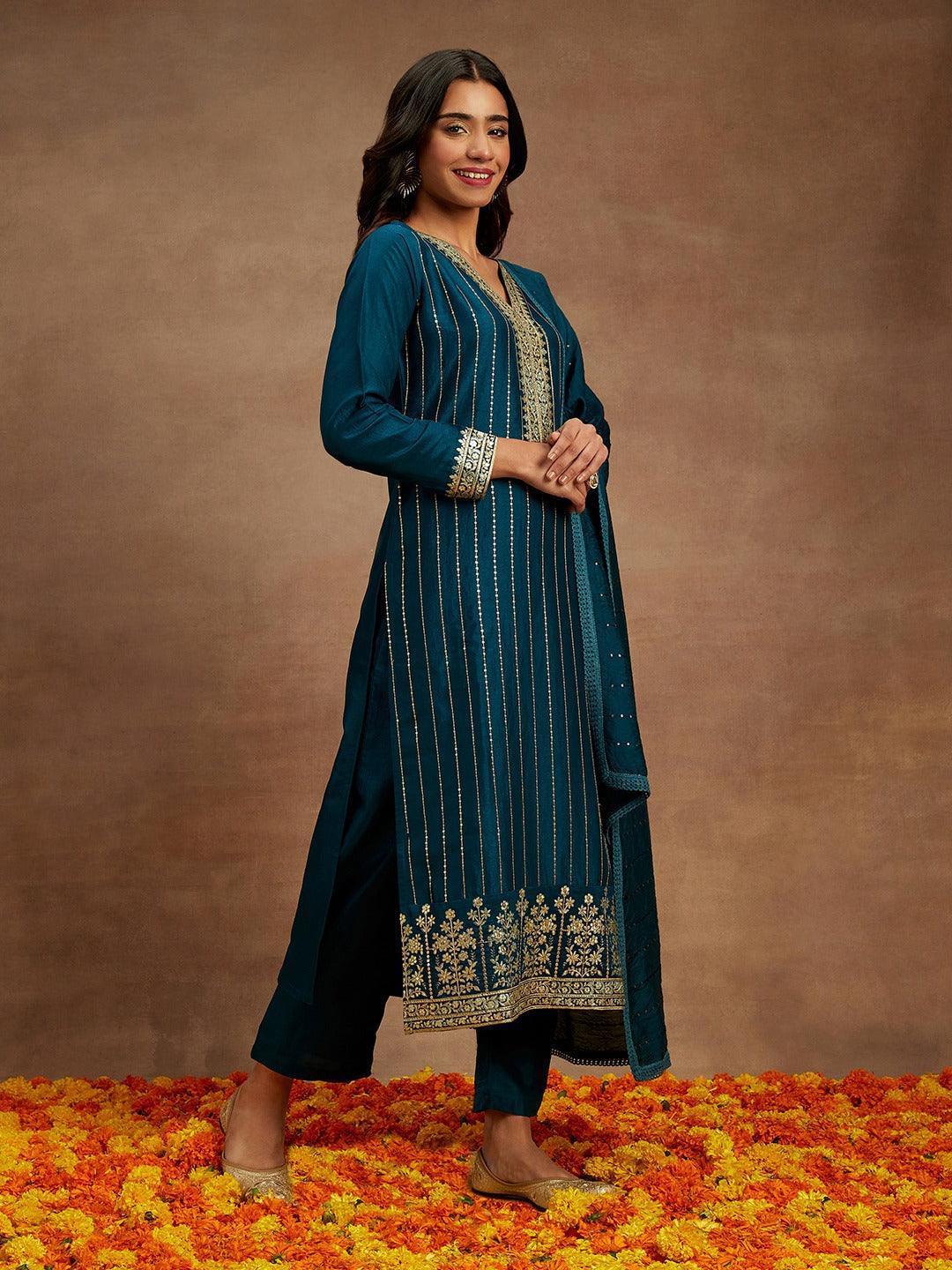 Teal Embroidered Silk Straight Suit With Dupatta