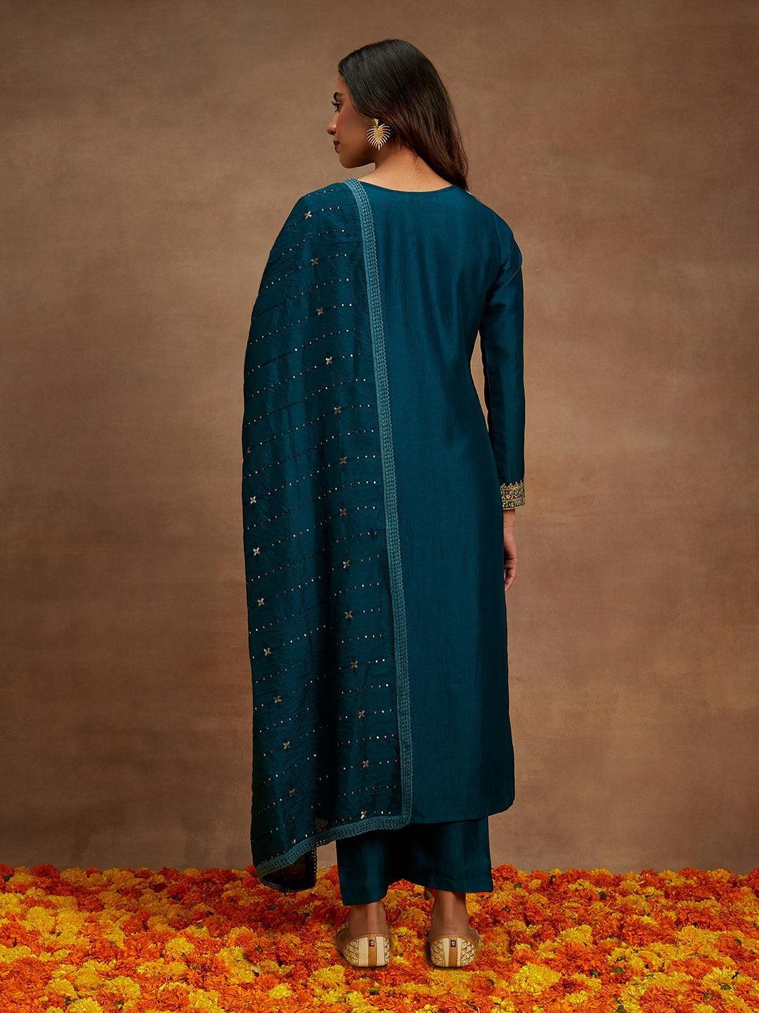 Teal Embroidered Silk Straight Suit With Dupatta