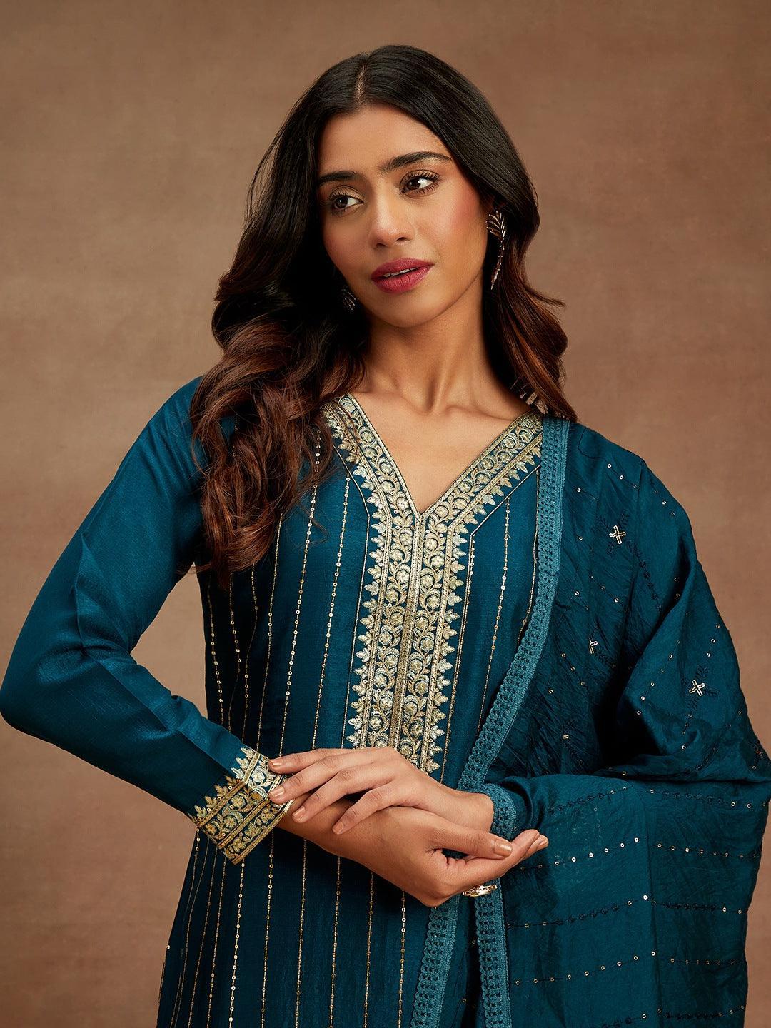 Teal Embroidered Silk Straight Suit With Dupatta