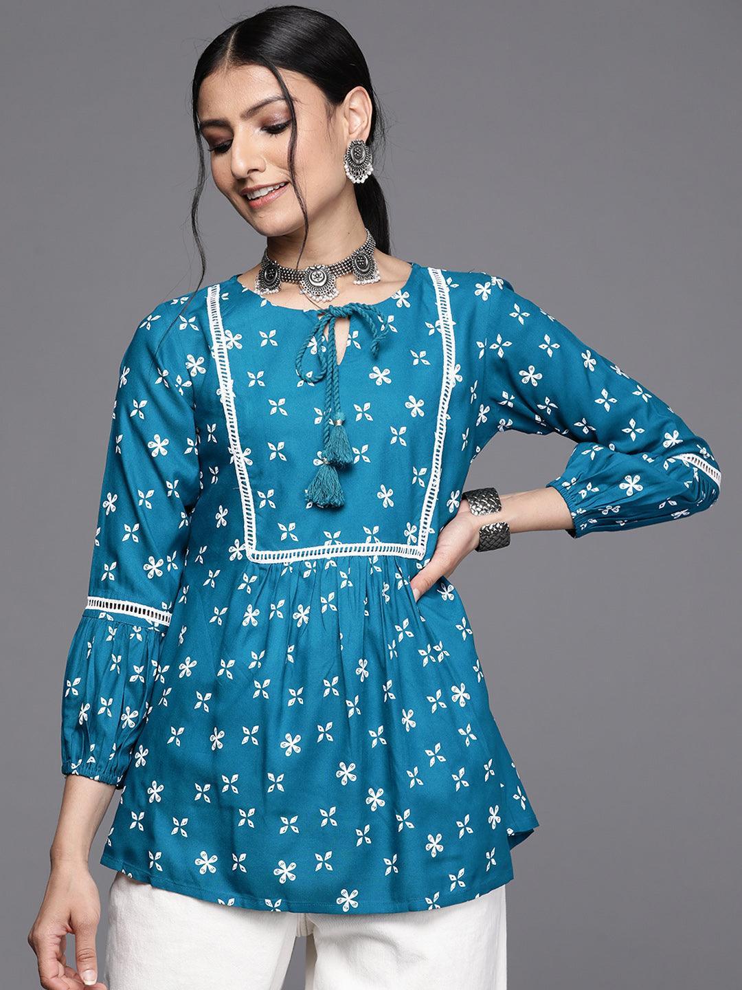 Teal Printed Rayon Kurti