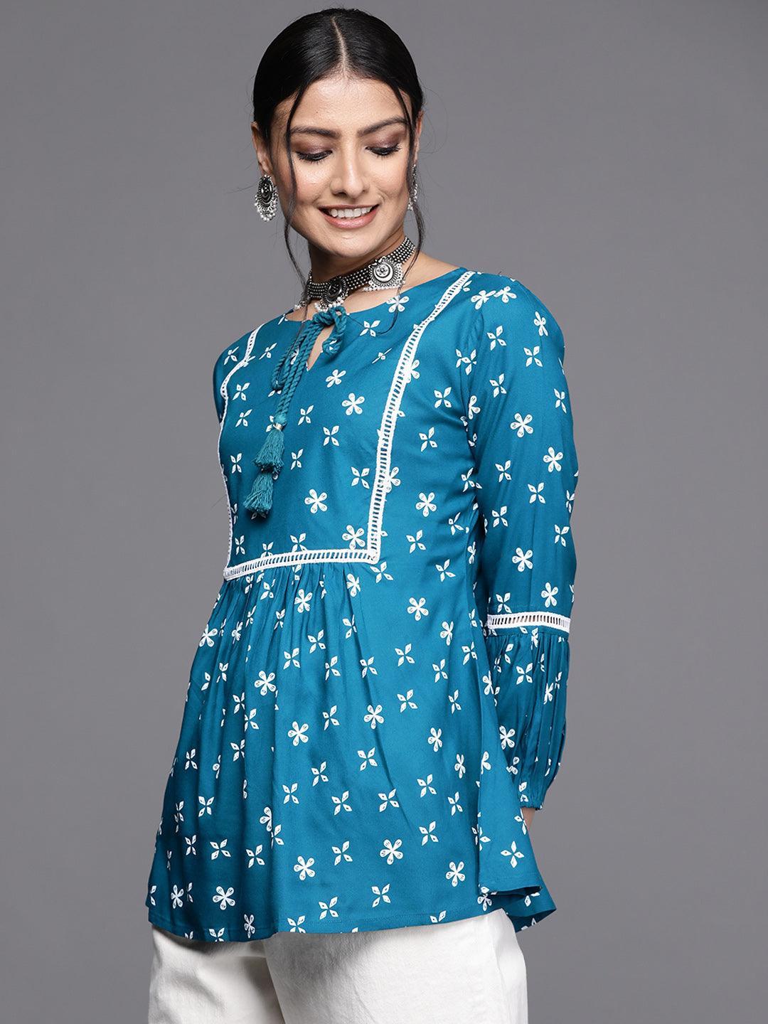 Teal Printed Rayon Kurti