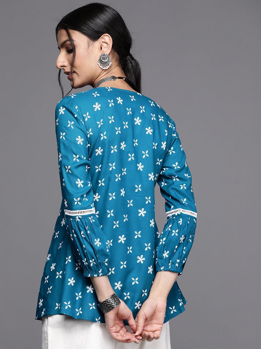 Teal Printed Rayon Kurti