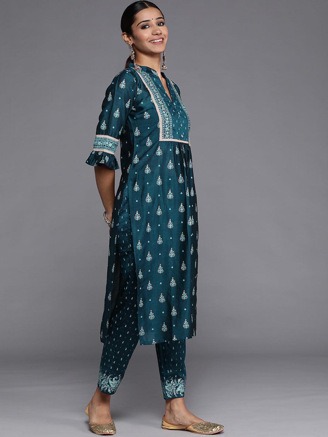 Teal Printed Silk Blend Straight Suit Set With Trousers - Libas