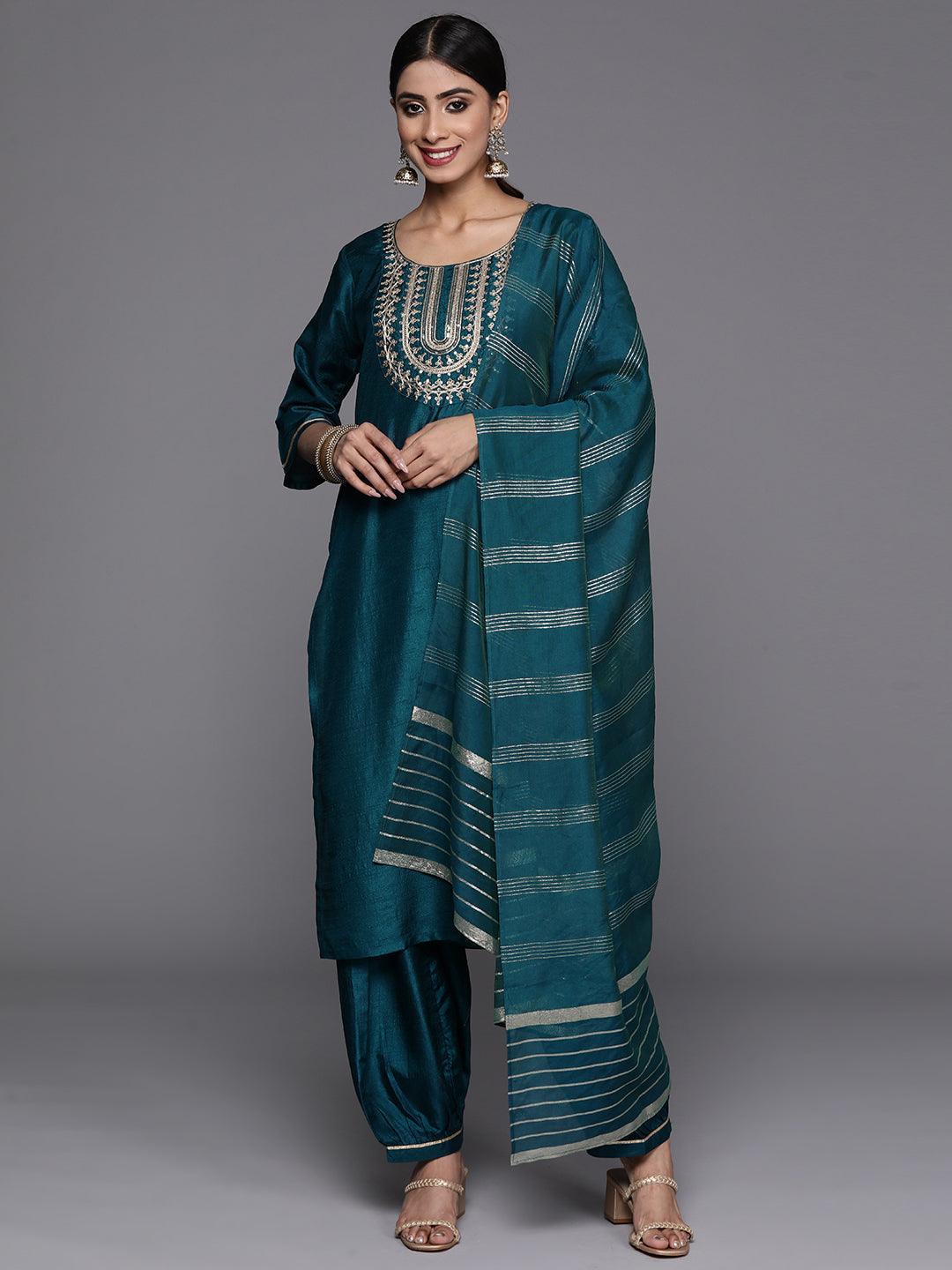 Teal Printed Silk Blend Straight Kurta With Salwar & Dupatta