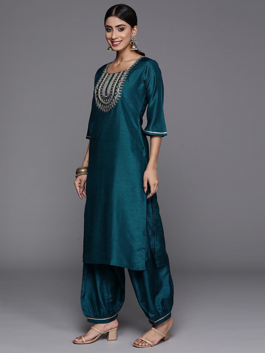 Teal Printed Silk Blend Straight Kurta With Salwar & Dupatta