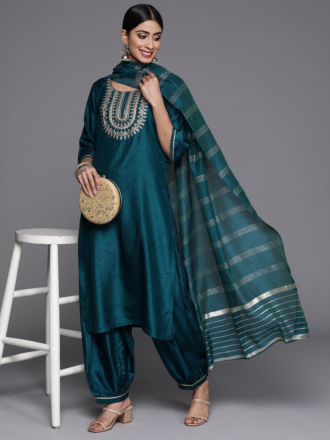 Teal Printed Silk Blend Straight Kurta With Salwar & Dupatta