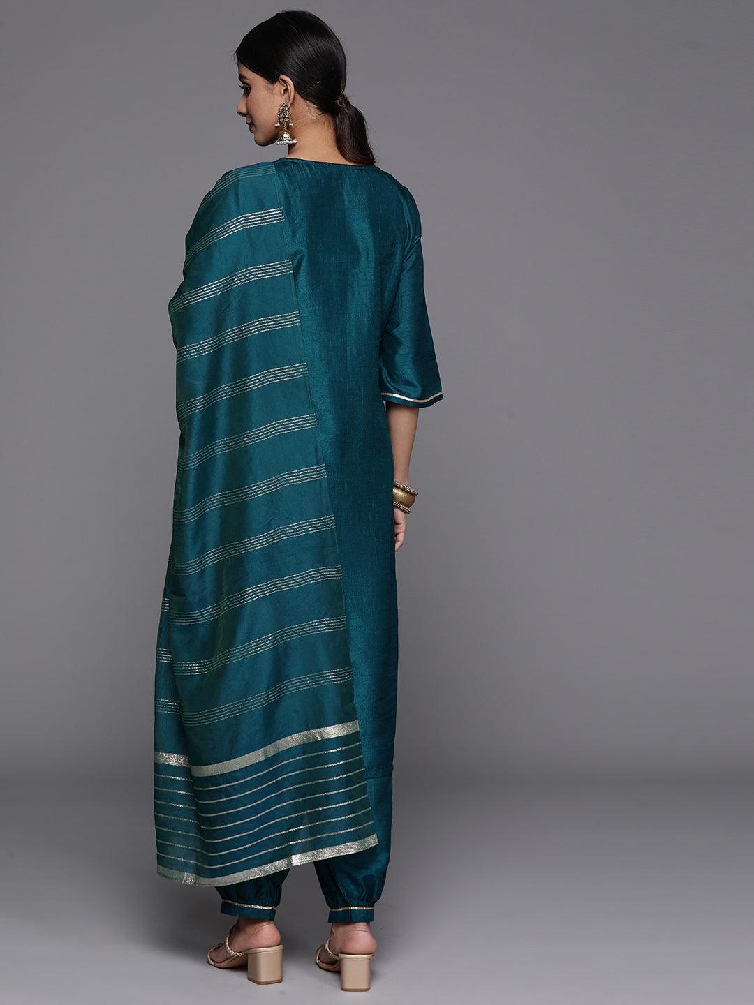 Teal Printed Silk Blend Straight Kurta With Salwar & Dupatta