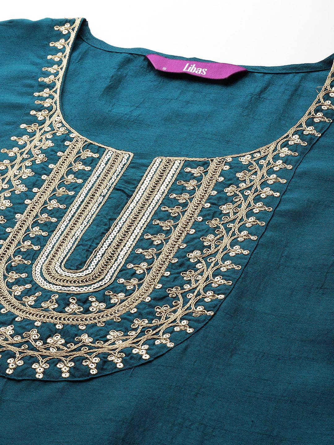 Teal Printed Silk Blend Straight Kurta With Salwar & Dupatta