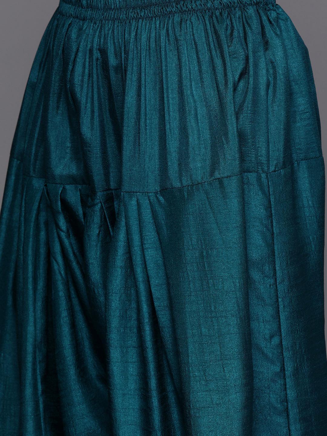 Teal Printed Silk Blend Straight Kurta With Salwar & Dupatta